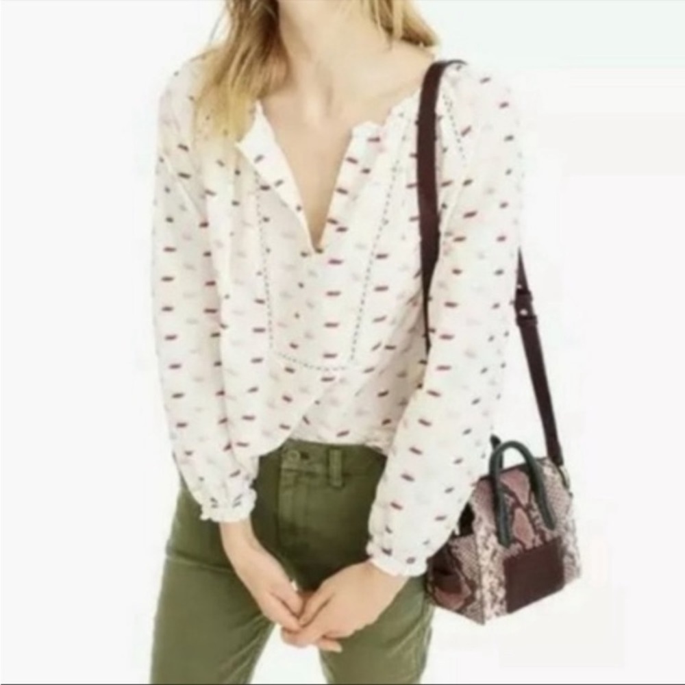 J Crew Point Sur Small popover blouse ruffle neck boho print